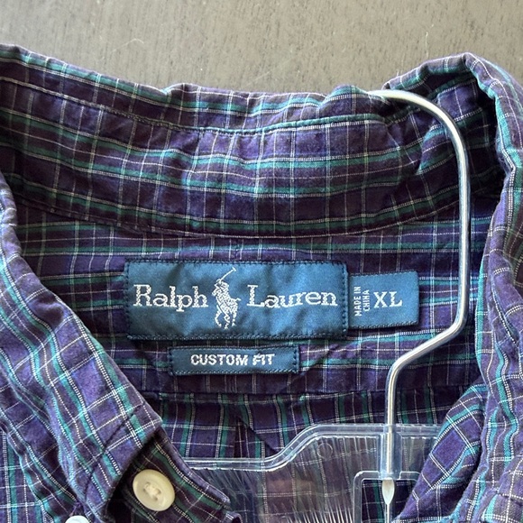 Vintage Ralph Lauren Blue Label Men's Navy and Purple Plaid Shirt - Picture 2 of 4